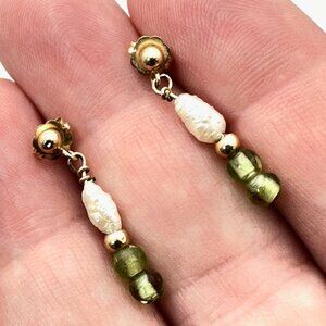 Estate Womens Earrings 14K Yellow Gold Freshwater Pearl Peridot Chandelier